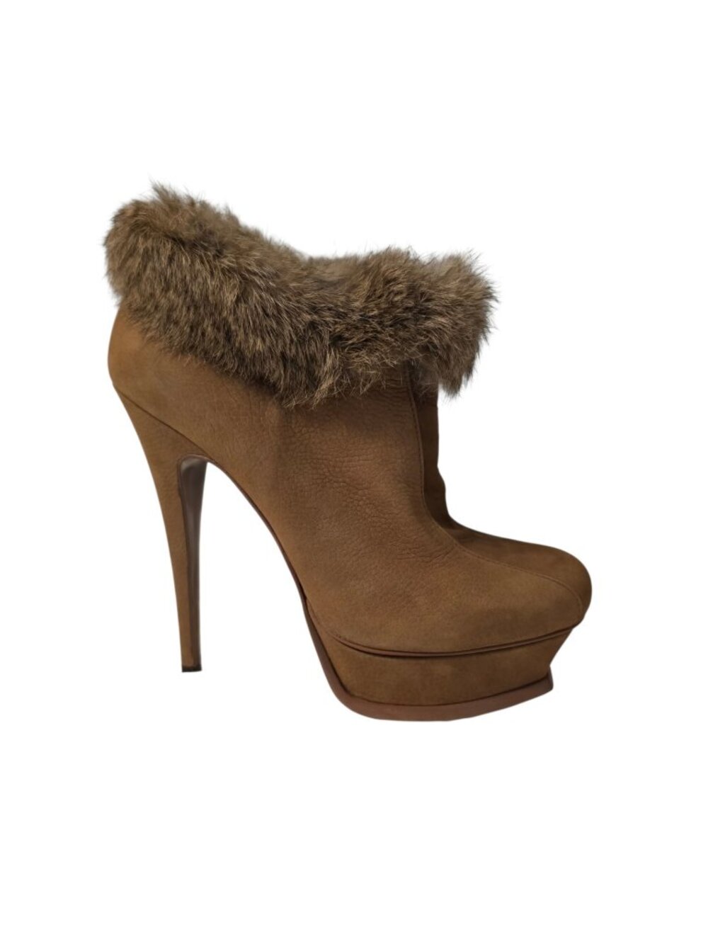 YSL Yves Saint Laurent Tribute 105 Brown Rabbit Fur Platform Ankle Booties 38